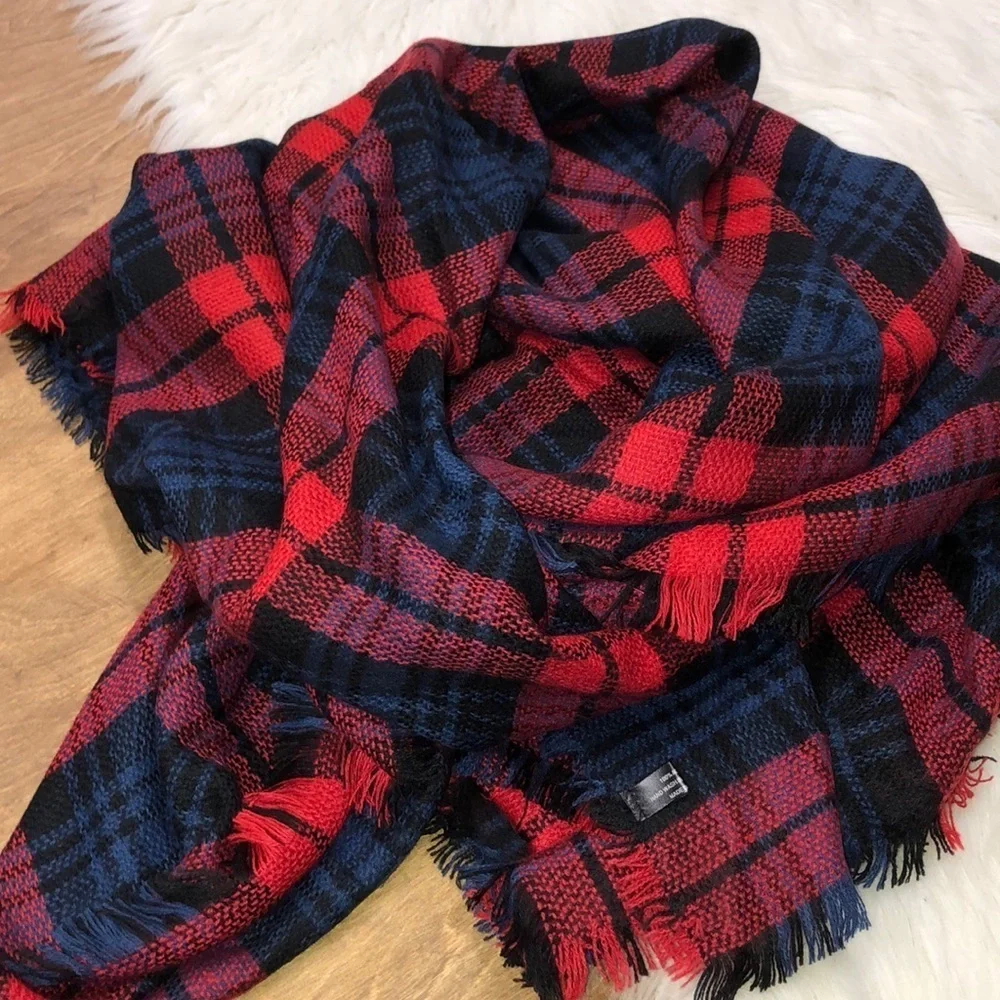 Red, blue & black flannel oversized blanket scarf